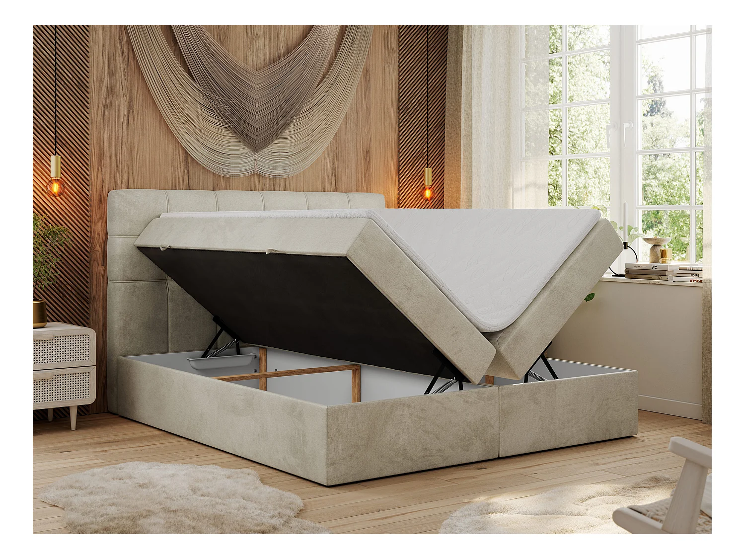 Boxspringbett ERNI - mit gestepptem Kopfteil, Polsterbett, Multipocket-Matratze und Topper, Bettkästen - 120x200 cm - H3 - Beige Velvet
