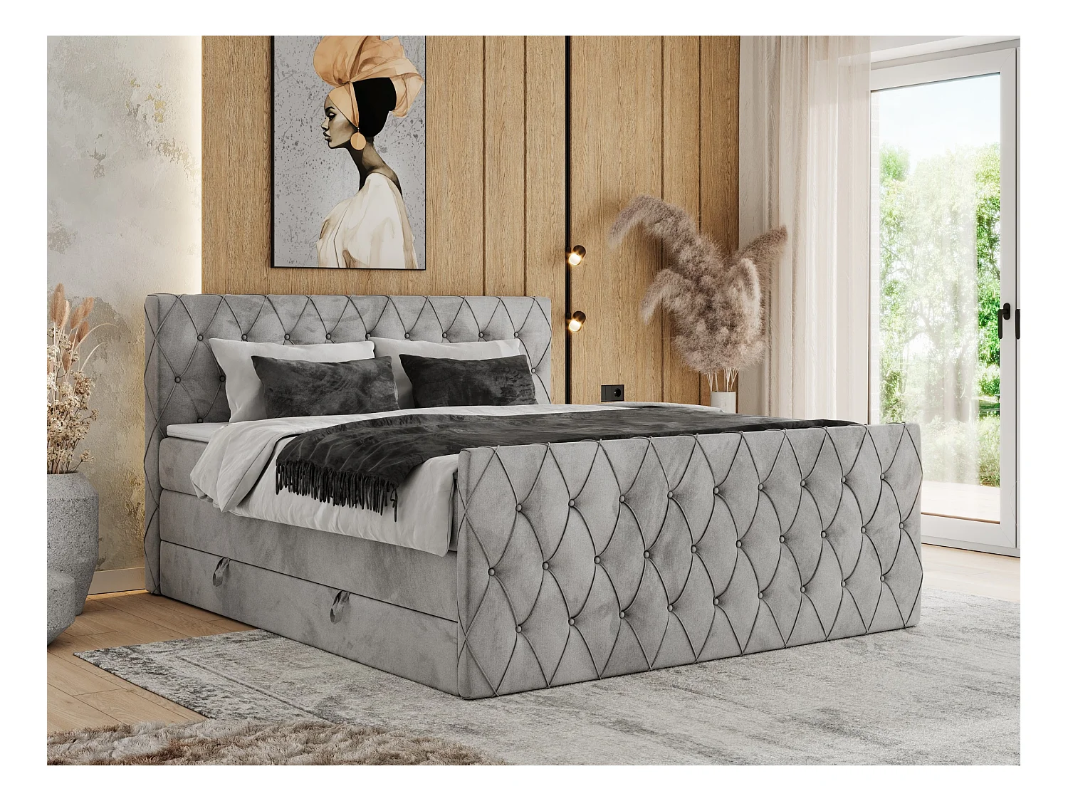 Boxspringbett MIREN KING DUO - für Schlafzimmer mit zwei Multipocket-Matratzen und Topper, gestepptes Kopfteil und Front  - 200x200 cm - H4 - Hellgrau Velvet
