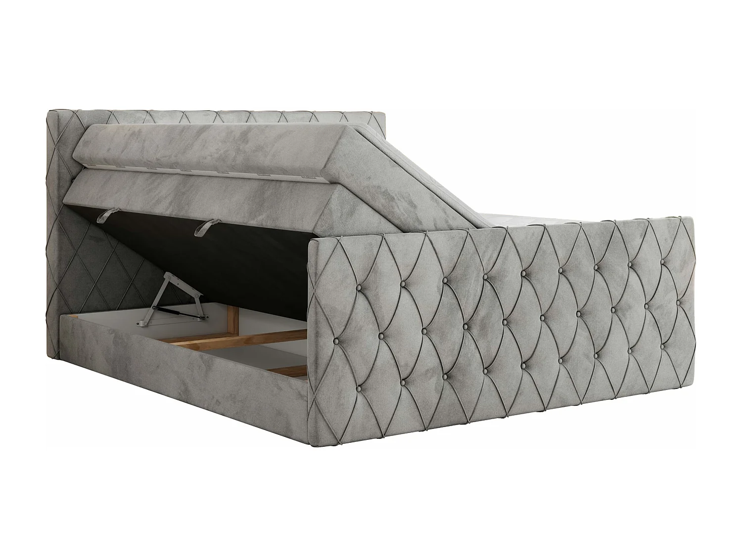 Boxspringbett MIREN KING DUO - für Schlafzimmer mit zwei Multipocket-Matratzen und Topper, gestepptes Kopfteil und Front  - 200x200 cm - H4 - Hellgrau Velvet
