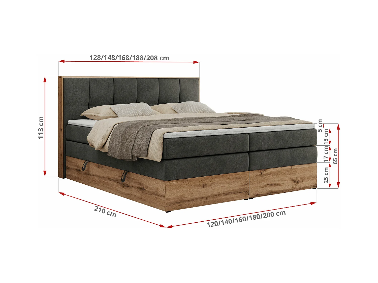 Boxspringbett ALBERO 1 KING - zwei 7 Härtezonen Multipocket-Matratzen, Doppelbett mit Stauraum, Eiche Wotan Holzrahmen - 180x200 cm - H4 - Dunkelgrau Velvet