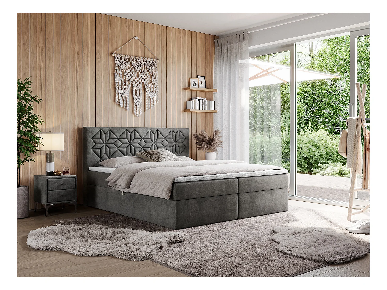 Boxspringbett LEILA - gestepptes Kopfteil,  7 Härtezonen Multipocket-Matratzen, Doppelbett mit Bettkästen - 160x200 cm - H4 - Dunkelgrau Velvet