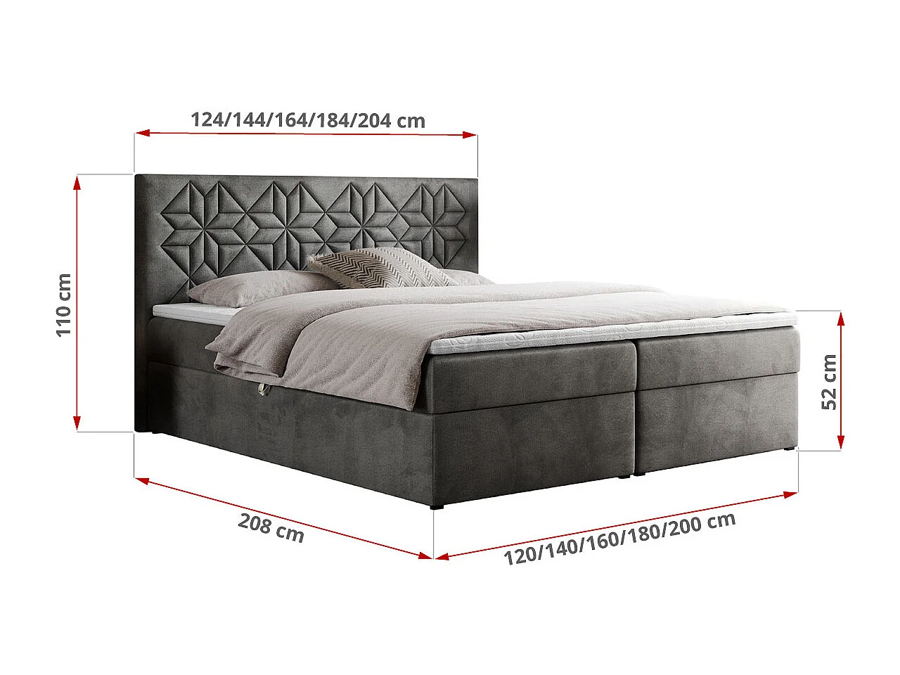 Boxspringbett LEILA - gestepptes Kopfteil,  7 Härtezonen Multipocket-Matratzen, Doppelbett mit Bettkästen - 160x200 cm - H4 - Dunkelgrau Velvet