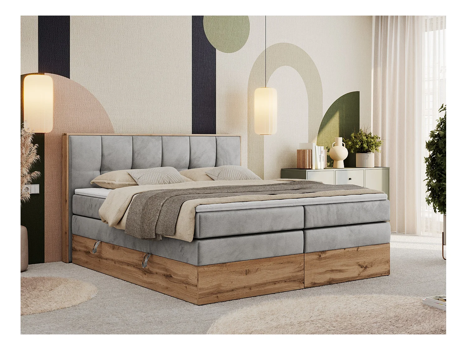 Boxspringbett ALBERO 1 KING - zwei 7 Härtezonen Multipocket-Matratzen, Doppelbett mit Stauraum, Eiche Wotan Holzrahmen - 180x200 cm - H4 - Hellgrau Velvet