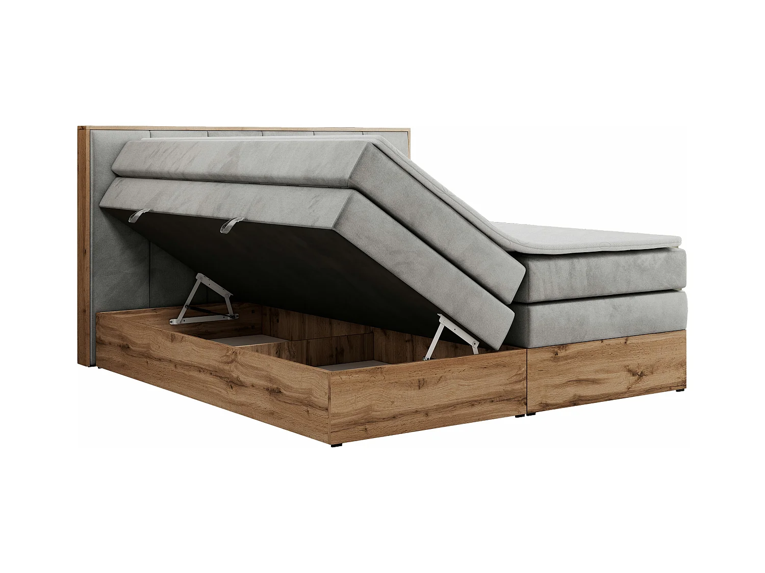 Boxspringbett ALBERO 1 KING - zwei 7 Härtezonen Multipocket-Matratzen, Doppelbett mit Stauraum, Eiche Wotan Holzrahmen - 180x200 cm - H4 - Hellgrau Velvet