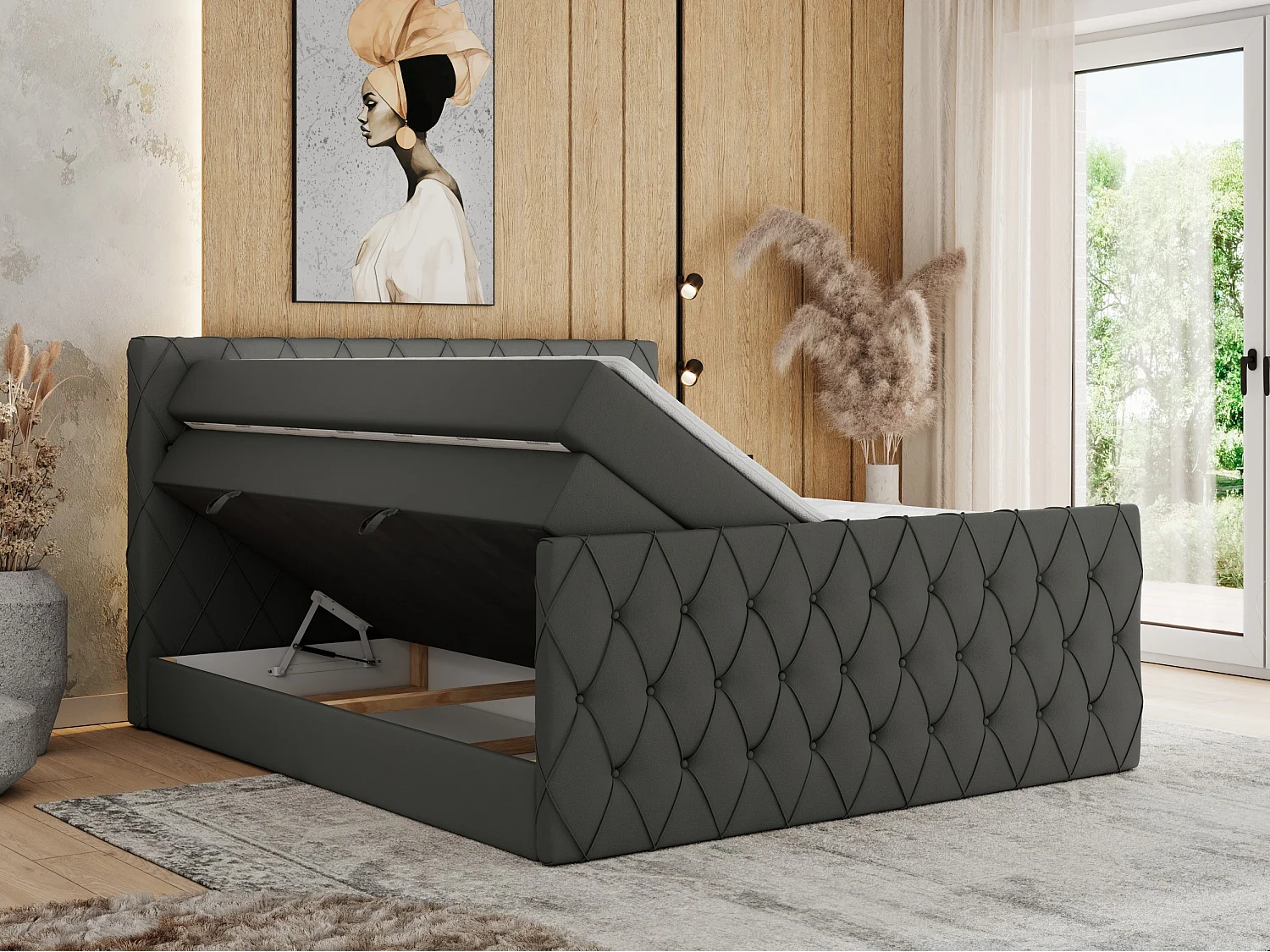 Boxspringbett MIREN KING DUO - für Schlafzimmer mit zwei Multipocket-Matratzen und Topper, gestepptes Kopfteil und Front  - 140x200 cm - H3 - Grau Kunstleder