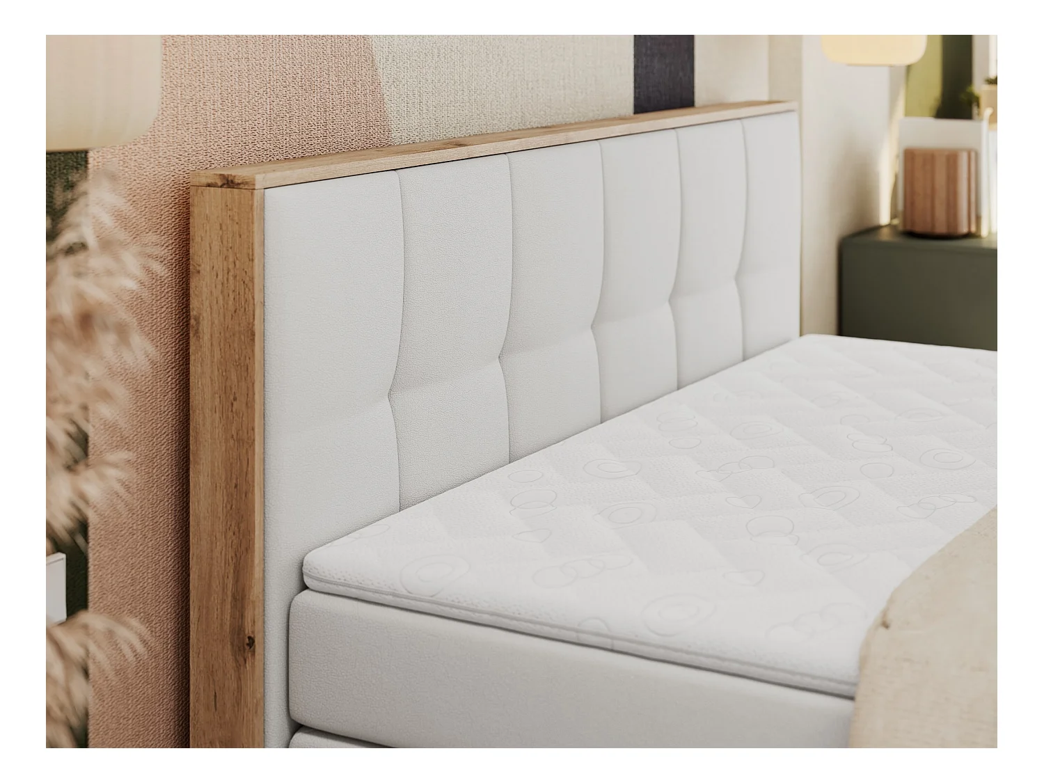 Boxspringbett ALBERO 1 KING - zwei 7 Härtezonen Multipocket-Matratzen, Doppelbett mit Stauraum, Eiche Wotan Holzrahmen - 200x200 cm - H4 - Weiß Kunstleder