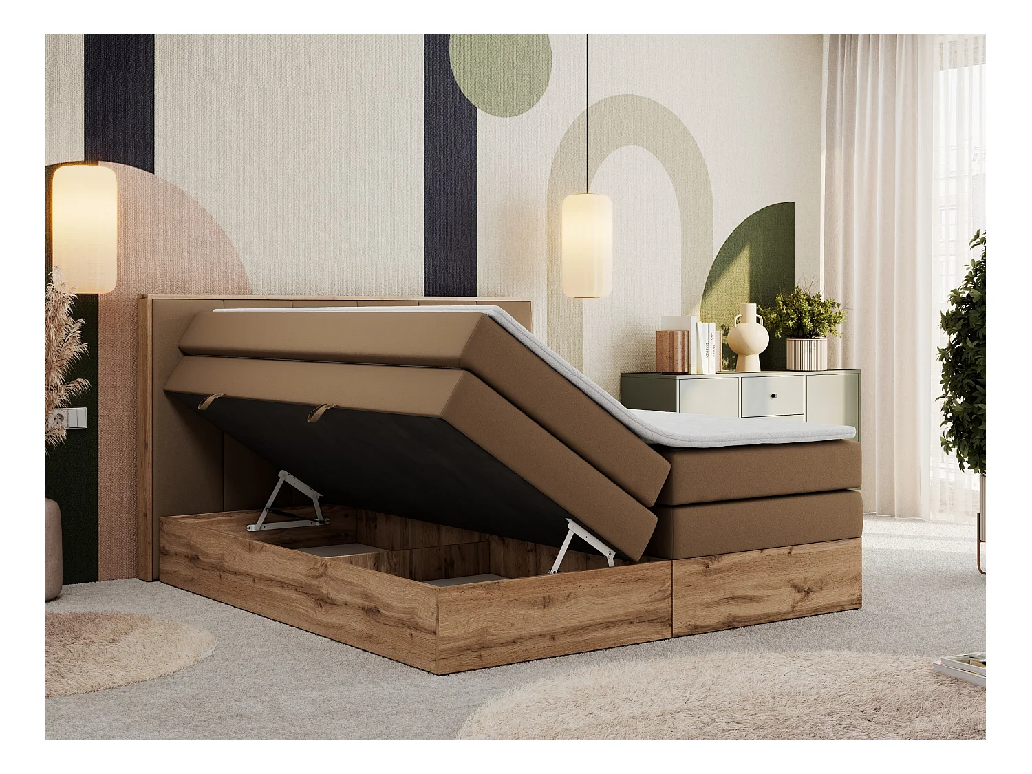 Boxspringbett ALBERO 1 KING - zwei 7 Härtezonen Multipocket-Matratzen, Doppelbett mit Stauraum, Eiche Wotan Holzrahmen - 200x200 cm - H4 - Braun Kunstleder