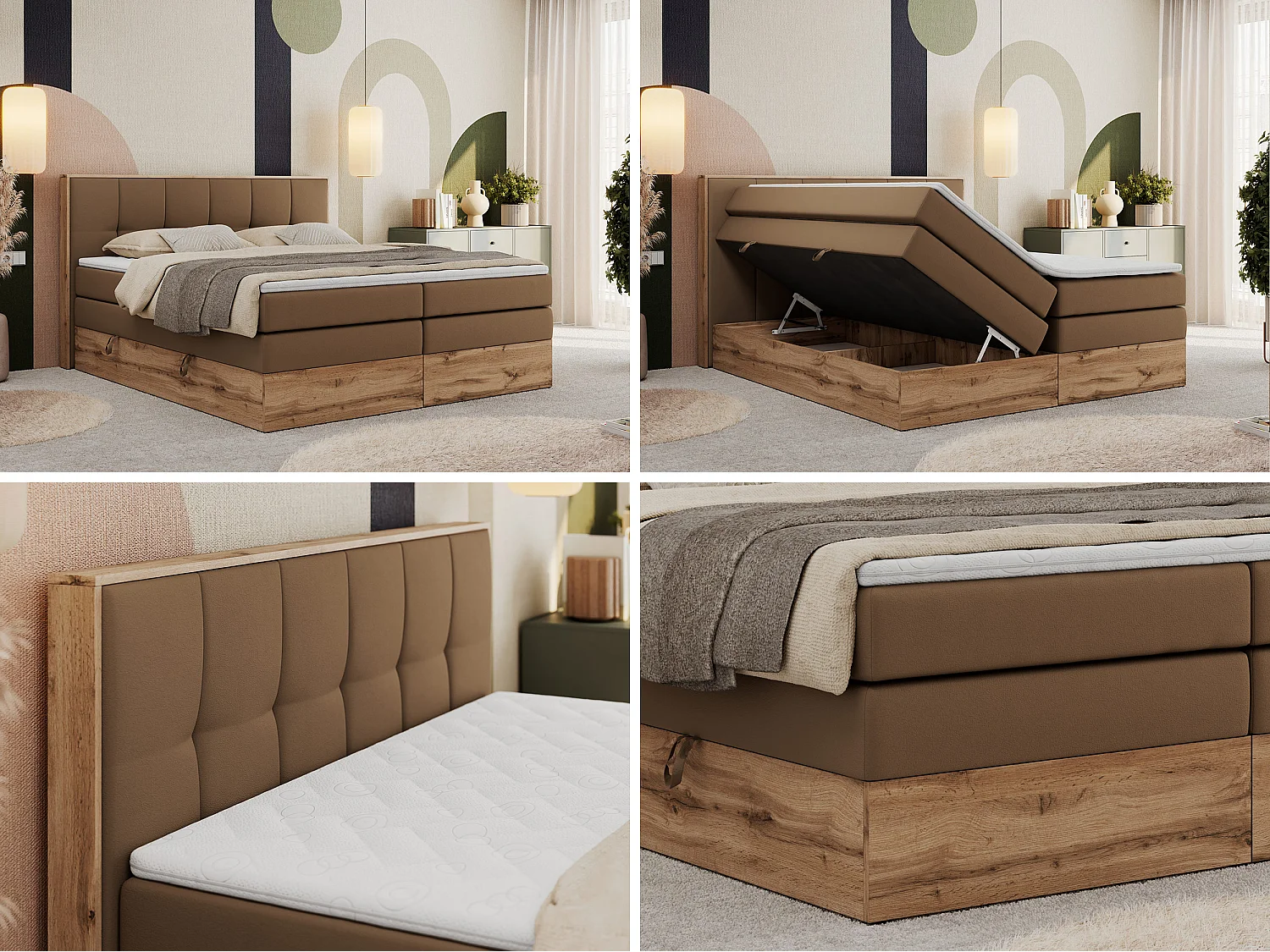 Boxspringbett ALBERO 1 KING - zwei 7 Härtezonen Multipocket-Matratzen, Doppelbett mit Stauraum, Eiche Wotan Holzrahmen - 200x200 cm - H4 - Braun Kunstleder