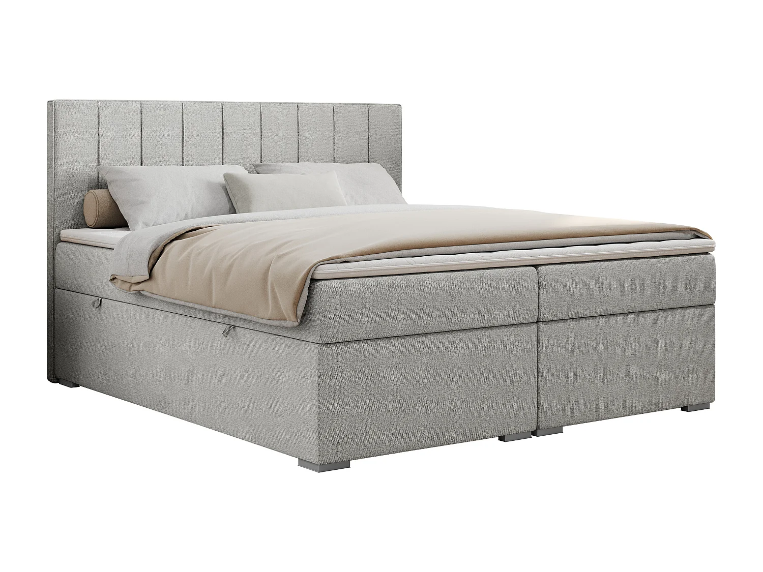 Boxspringbett ALLY - gestreiftes, genähtes Kopfteil, zwei Bettkästen, Multipocket-Matratzen, Praktisch Polsterbett - 120x200 cm - H4 - Hellgrau Strukture