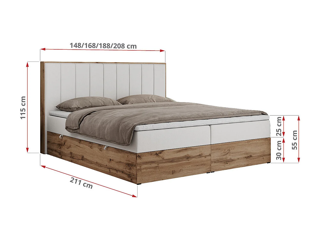 Boxspringbett BELLISSIMO - mit gestepptem Kopfteil, Polsterbett mit zwei Bettkästen, Multipocket-Matratze - 180x200 cm - H3 - Weiß Kunstleder