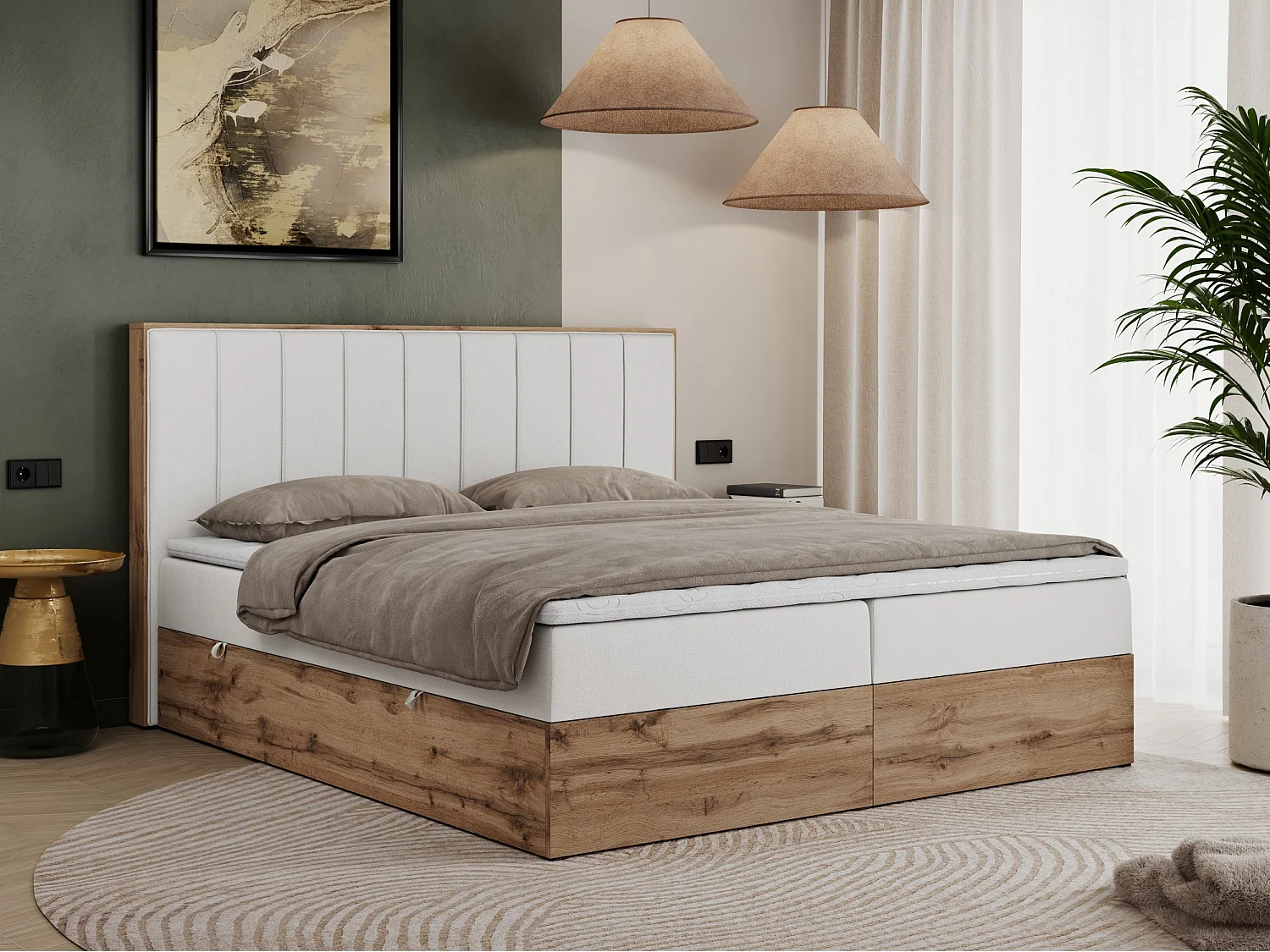Boxspringbett BELLISSIMO - mit gestepptem Kopfteil, Polsterbett mit zwei Bettkästen, Multipocket-Matratze - 180x200 cm - H3 - Weiß Kunstleder
