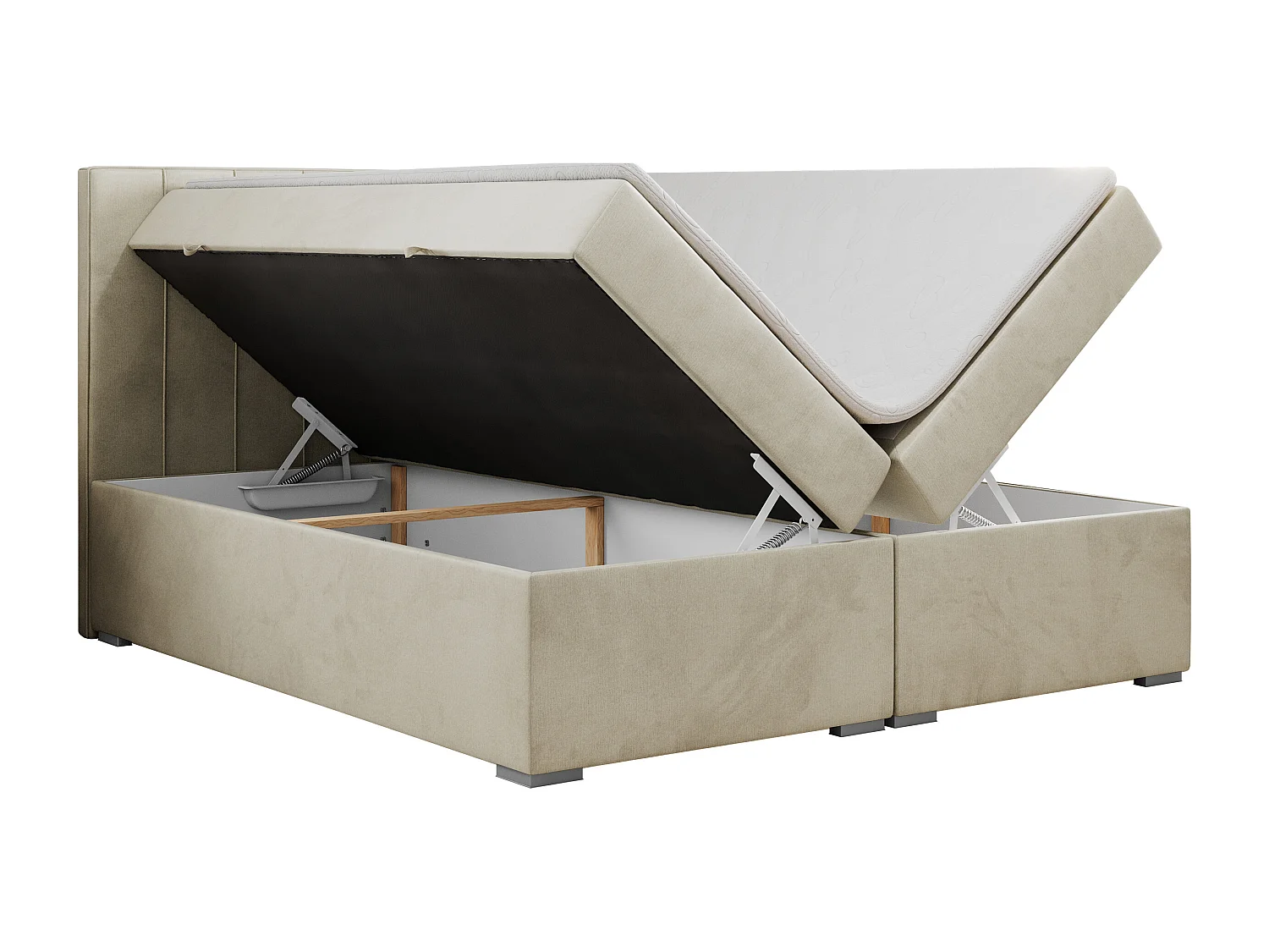 Boxspringbett ALLY - gestreiftes, genähtes Kopfteil, zwei Bettkästen, Multipocket-Matratzen, Praktisch Polsterbett - 140x200 cm - H3 - Beige Velvet
