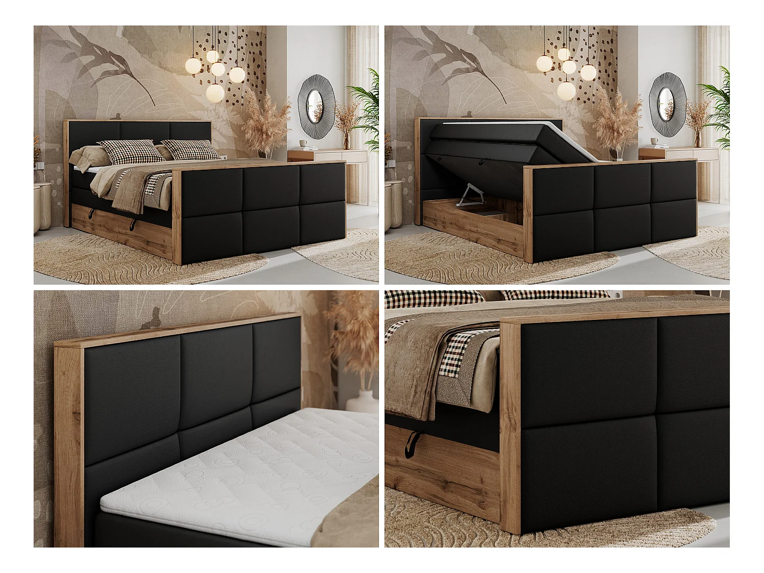Boxspringbett ALBERO 2 KING DUO - Eiche Wotan Holzrahmen, zwei Multipocket-Matratzen, Bettkästen - 180x200 cm - H4 - Schwarz Kunstleder