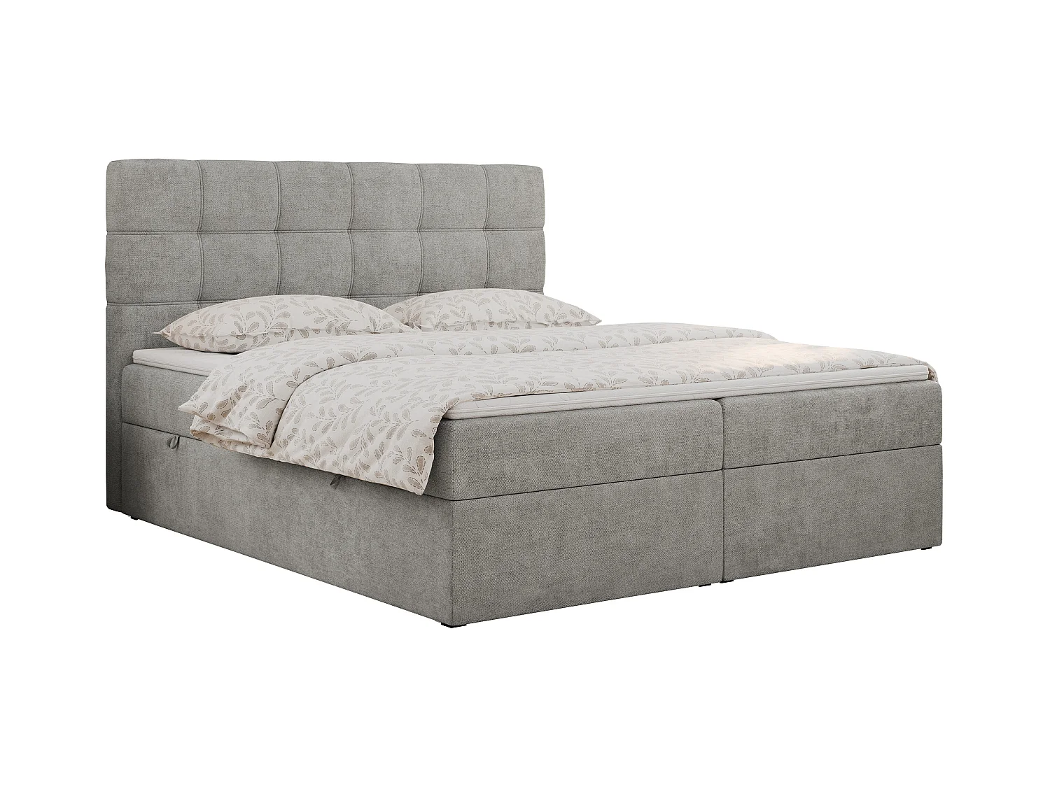Boxspringbett ERNI - mit gestepptem Kopfteil, Polsterbett, Multipocket-Matratze und Topper, Bettkästen - 120x200 cm - H3 - Hellgrau Stukture