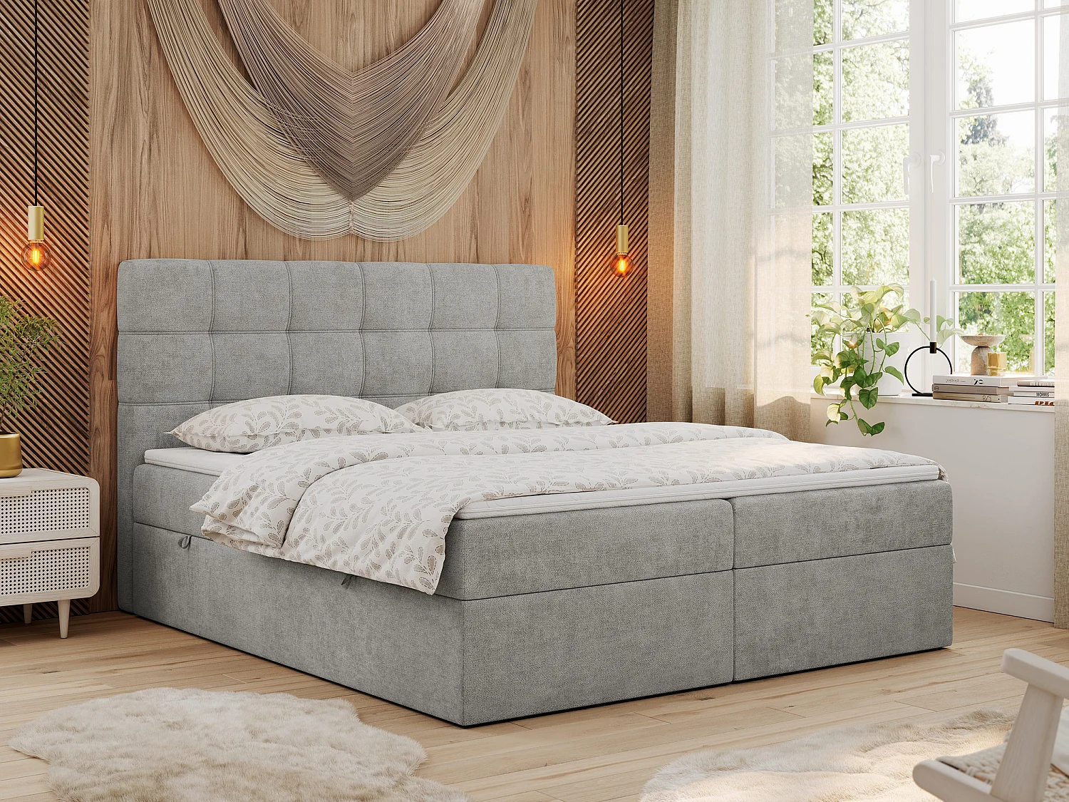 Boxspringbett ERNI - mit gestepptem Kopfteil, Polsterbett, Multipocket-Matratze und Topper, Bettkästen - 120x200 cm - H3 - Hellgrau Stukture
