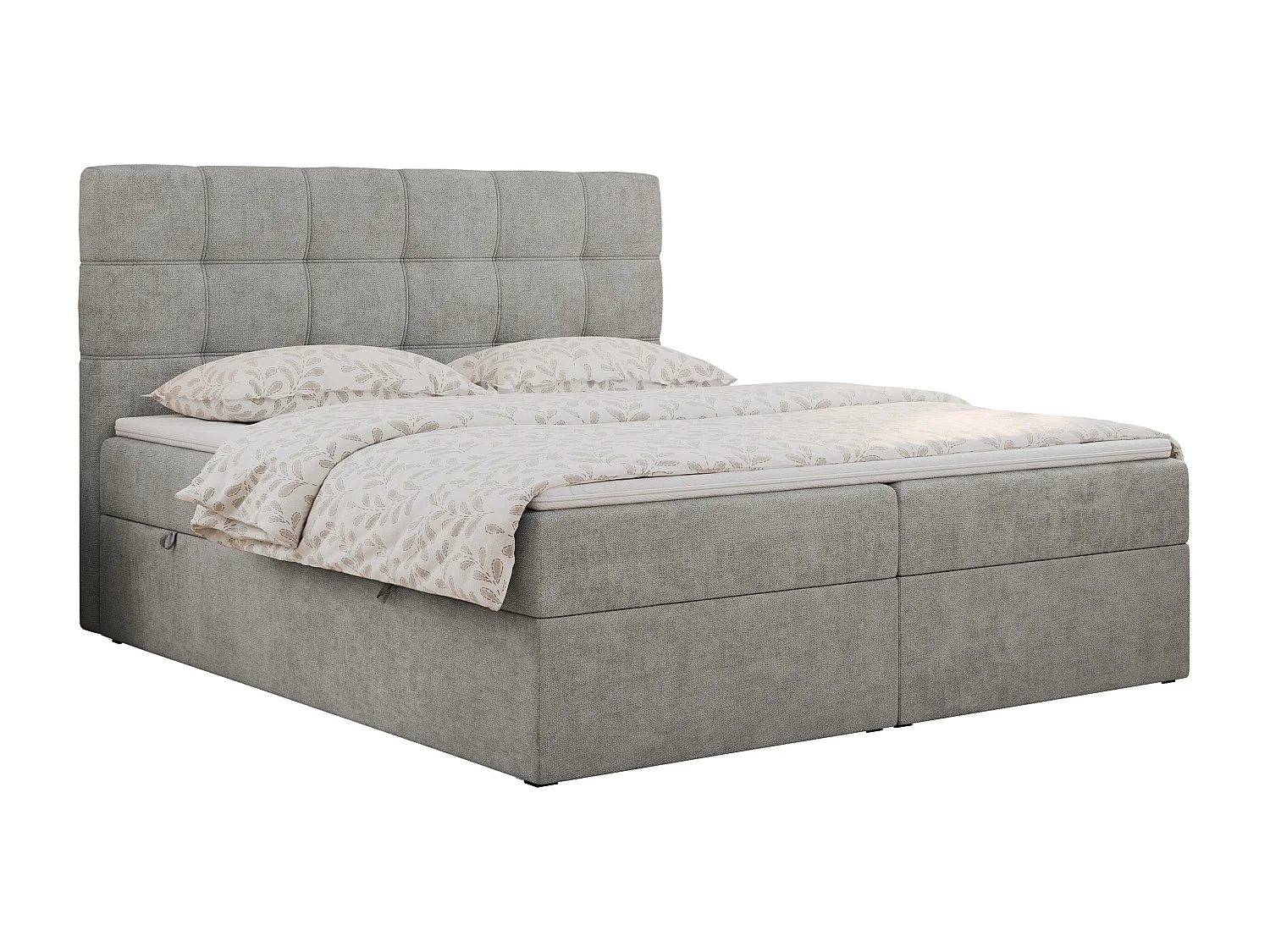 Boxspringbett ERNI - mit gestepptem Kopfteil, Polsterbett, Multipocket-Matratze und Topper, Bettkästen - 120x200 cm - H3 - Hellgrau Stukture