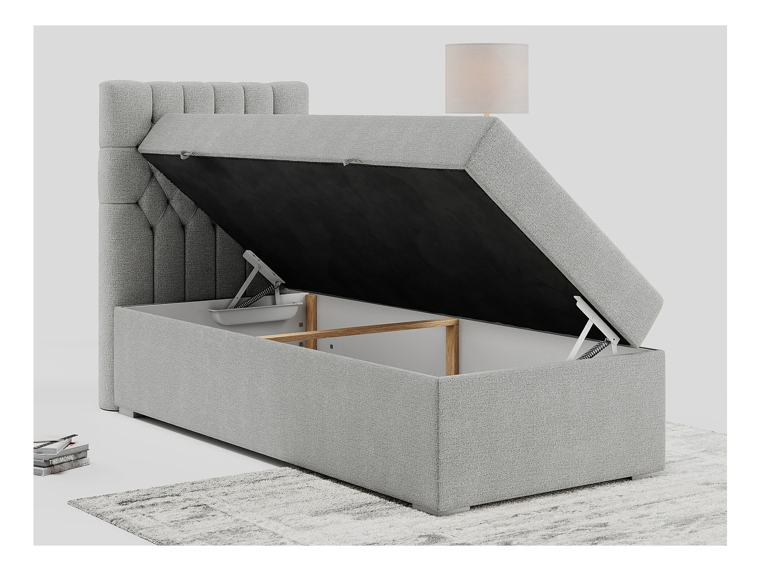 Boxspringbett PERA - Einzelbett mit Kopfstütze, Polsterbett, Multipocket-Matratze, genähtes Kopfteil - 90x200 cm - H4 - Hellgrau Strukture - Links Seite