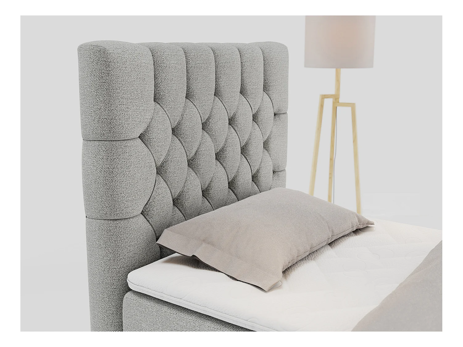 Boxspringbett PERA - Einzelbett mit Kopfstütze, Polsterbett, Multipocket-Matratze, genähtes Kopfteil - 90x200 cm - H4 - Hellgrau Strukture - Links Seite