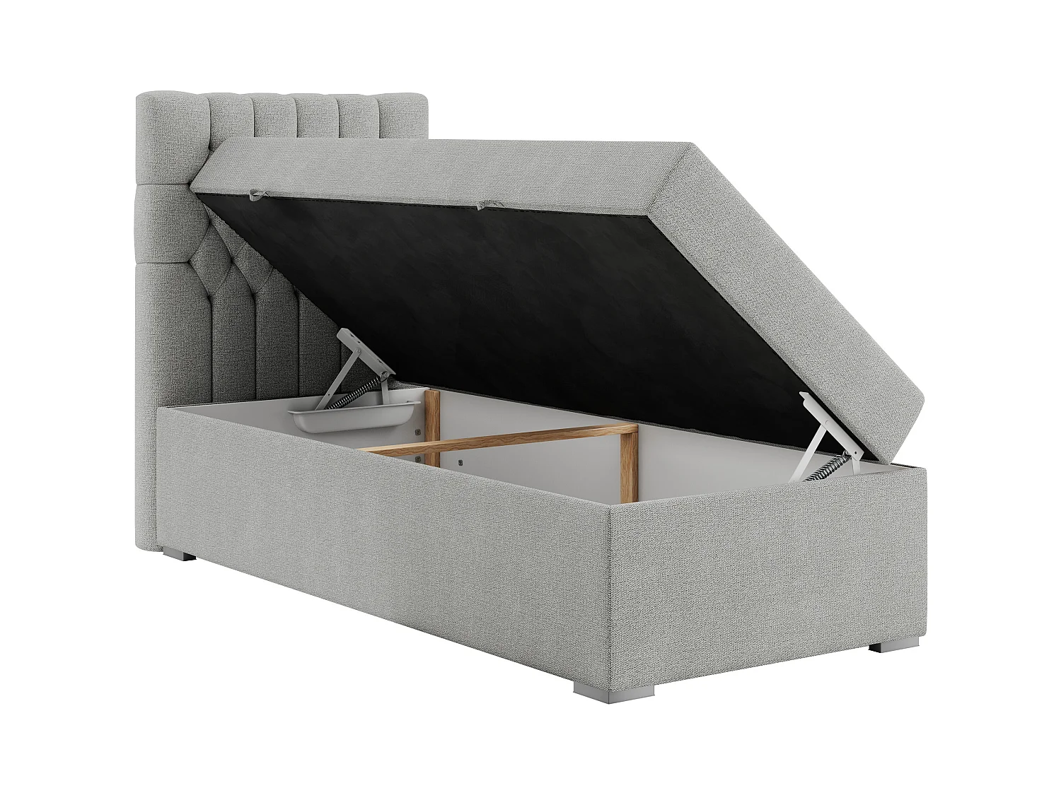 Boxspringbett PERA - Einzelbett mit Kopfstütze, Polsterbett, Multipocket-Matratze, genähtes Kopfteil - 90x200 cm - H4 - Hellgrau Strukture - Links Seite