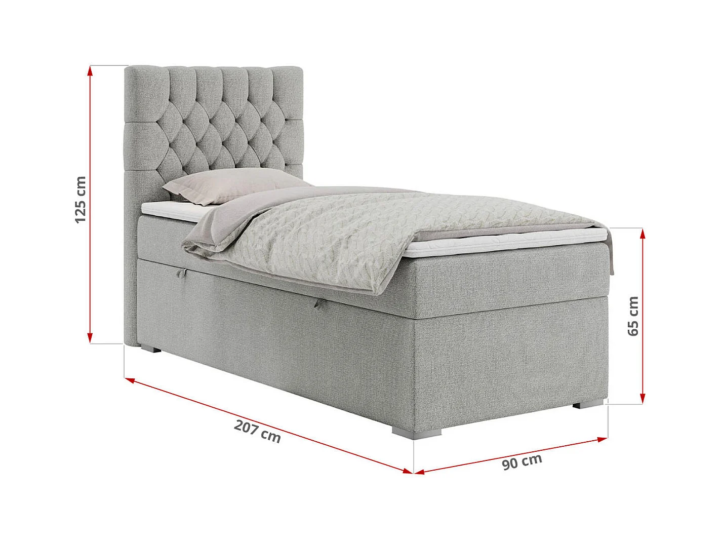 Boxspringbett PERA - Einzelbett mit Kopfstütze, Polsterbett, Multipocket-Matratze, genähtes Kopfteil - 90x200 cm - H4 - Hellgrau Strukture - Links Seite