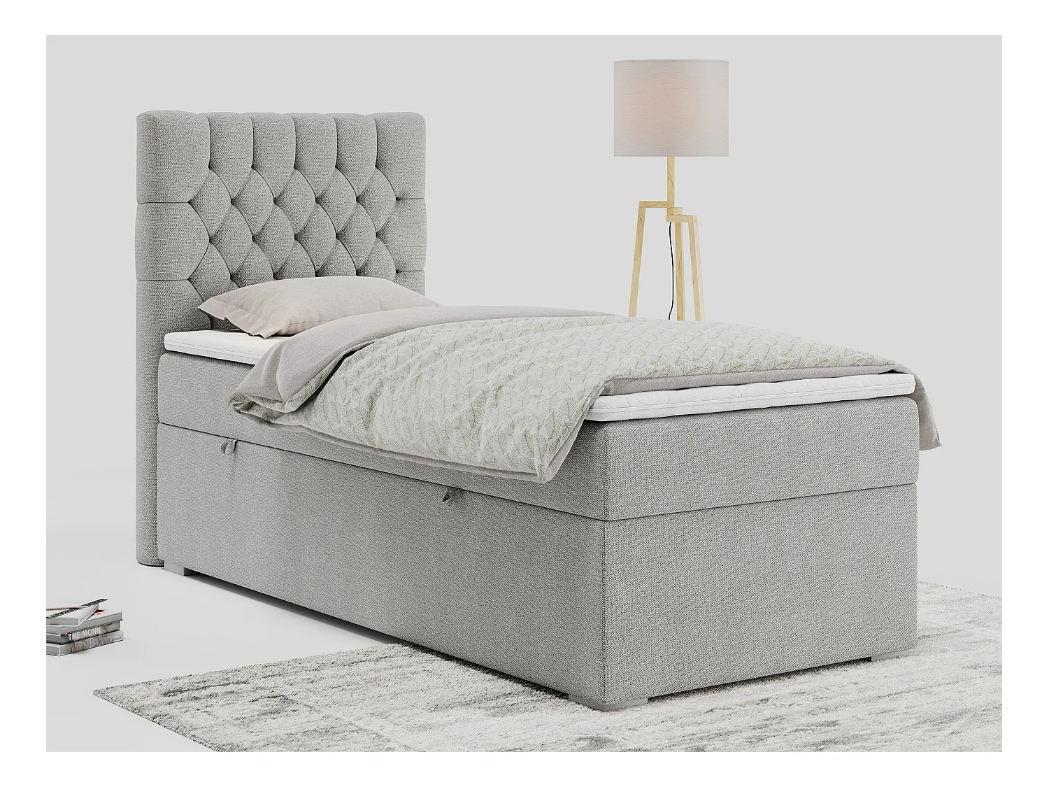 Boxspringbett PERA - Einzelbett mit Kopfstütze, Polsterbett, Multipocket-Matratze, genähtes Kopfteil - 90x200 cm - H4 - Hellgrau Strukture - Links Seite