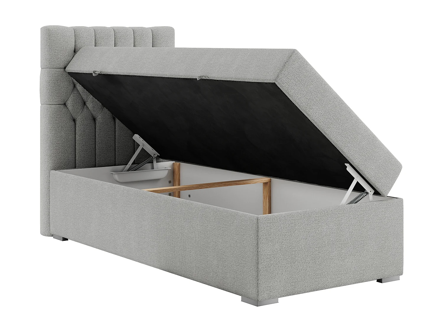 Boxspringbett PERA - Einzelbett mit Kopfstütze, Polsterbett, Multipocket-Matratze, genähtes Kopfteil - 90x200 cm - H4 - Hellgrau Strukture - Links Seite