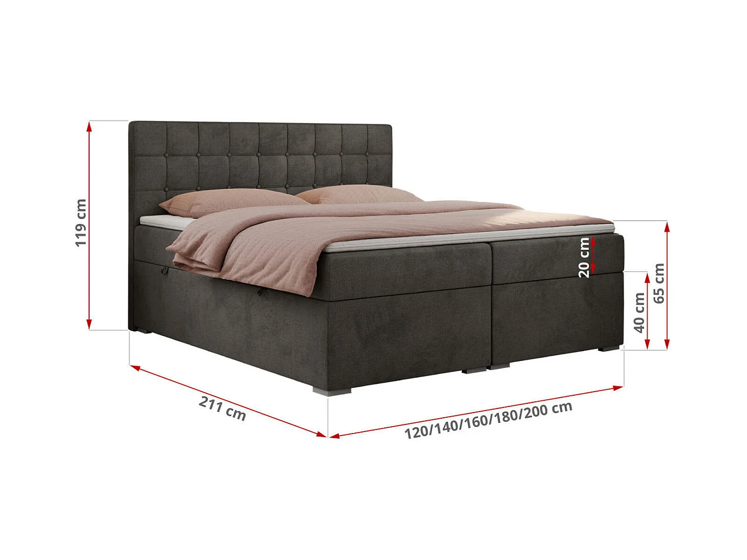 Boxspringbett CARMEN - Polsterbett mit zwei Bettkästen, gesteppte Kopfstütze, Multipocket-Matratze - 160x200 cm - H3 - Dunkelgrau Velvet