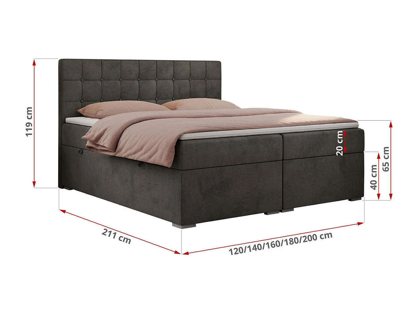 Boxspringbett CARMEN - Polsterbett mit zwei Bettkästen, gesteppte Kopfstütze, Multipocket-Matratze - 160x200 cm - H3 - Dunkelgrau Velvet