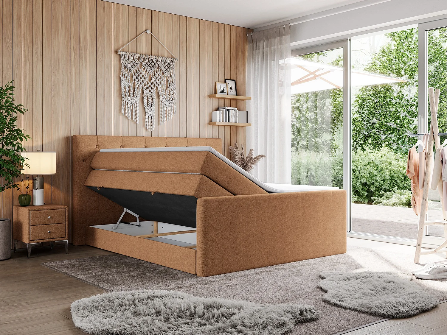 Boxspringbett VELEN KING - Doppelbett mit gestepptem Kopfteil, zwei Multipocket-Matratzen, Polsterbett mit Kopfstütze - 200x200 cm - H3 - Orange Strukture