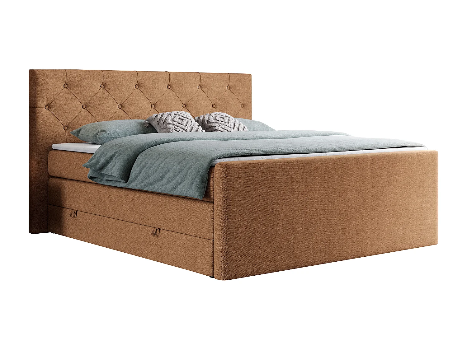 Boxspringbett VELEN KING - Doppelbett mit gestepptem Kopfteil, zwei Multipocket-Matratzen, Polsterbett mit Kopfstütze - 200x200 cm - H3 - Orange Strukture
