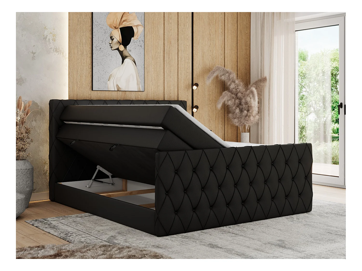 Boxspringbett MIREN KING DUO - für Schlafzimmer mit zwei Multipocket-Matratzen und Topper, gestepptes Kopfteil und Front  - 140x200 cm - H4 - Schwarz Kunstleder