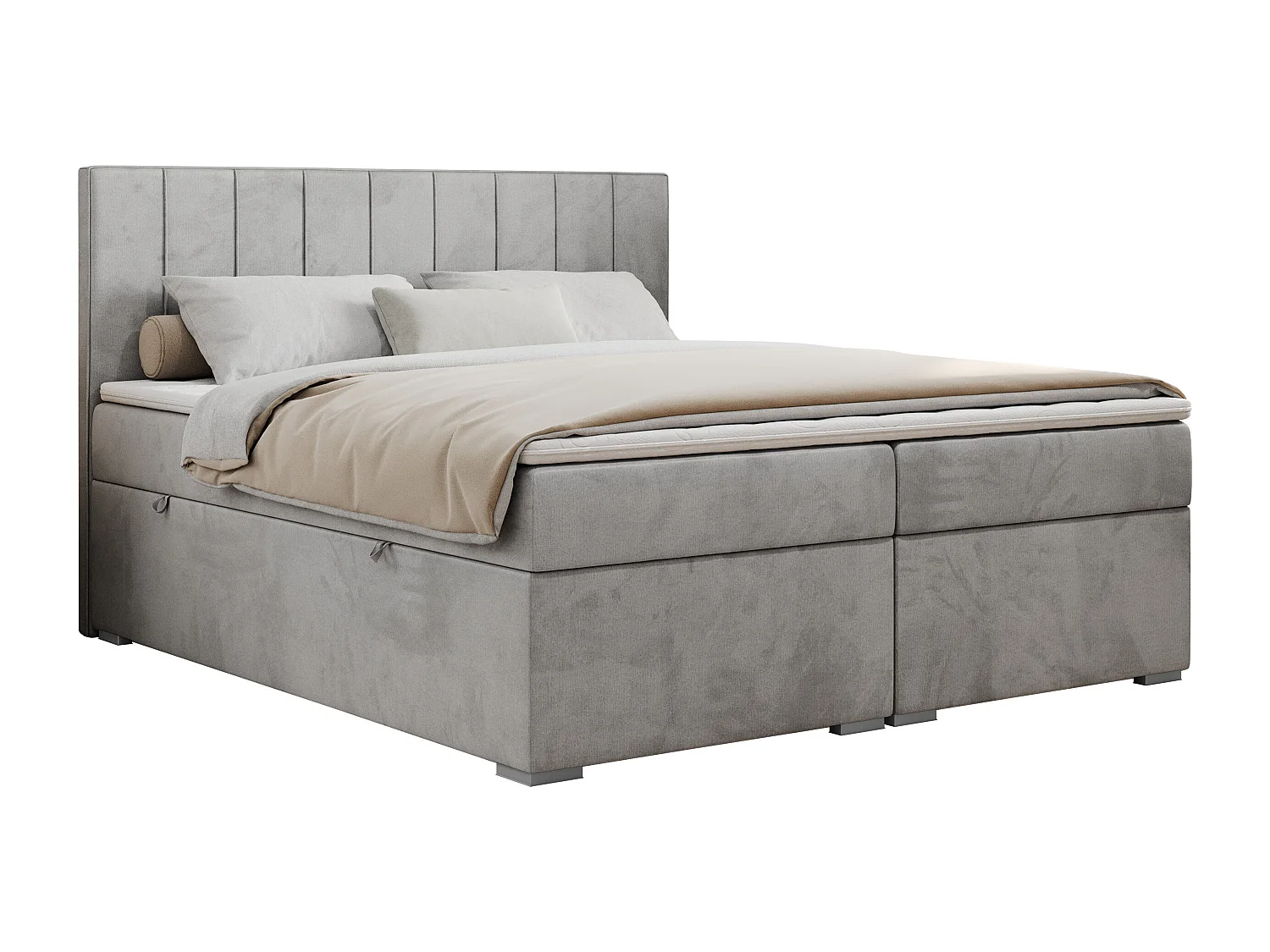 Boxspringbett ALLY - gestreiftes, genähtes Kopfteil, zwei Bettkästen, Multipocket-Matratzen, Praktisch Polsterbett - 120x200 cm - H4 - Hellgrau Velvet