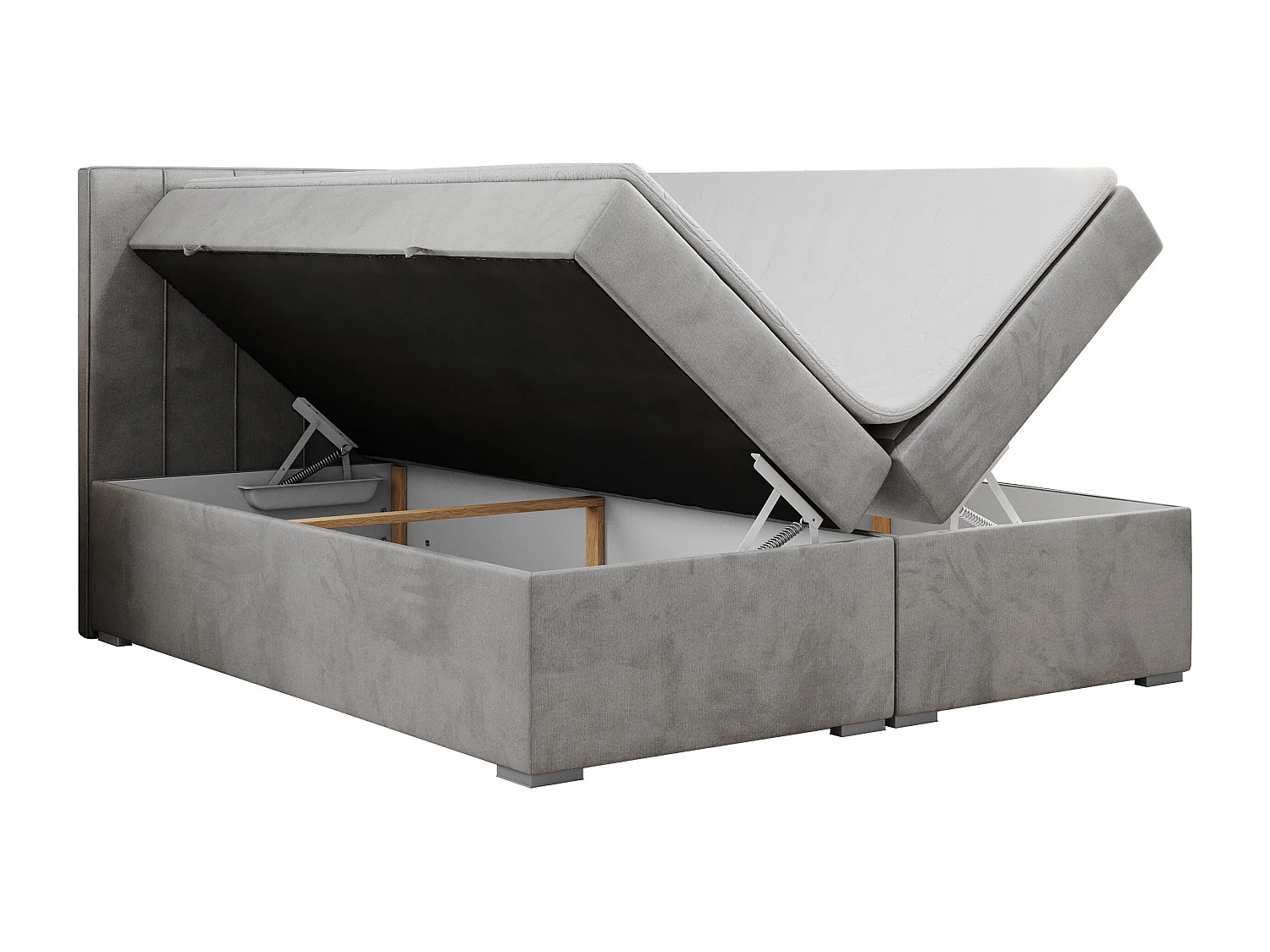Boxspringbett ALLY - gestreiftes, genähtes Kopfteil, zwei Bettkästen, Multipocket-Matratzen, Praktisch Polsterbett - 120x200 cm - H4 - Hellgrau Velvet