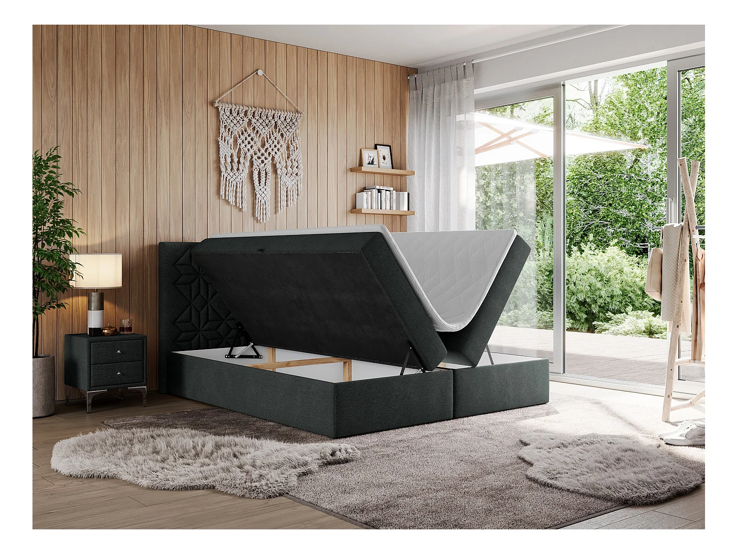 Boxspringbett LEILA - gestepptes Kopfteil,  7 Härtezonen Multipocket-Matratzen, Doppelbett mit Bettkästen - 180x200 cm - H3 - Dunkelgrau Strukture