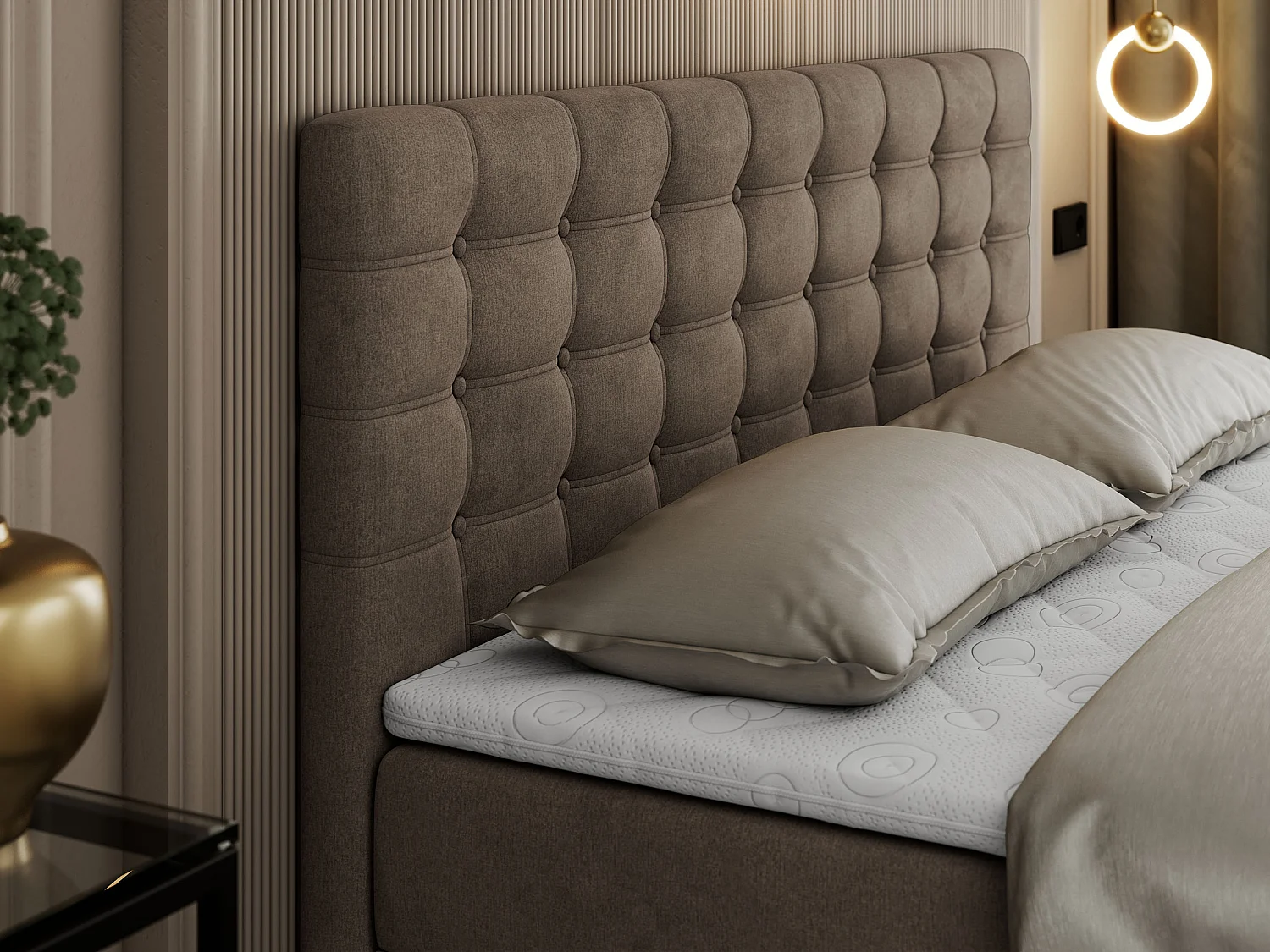 Boxspringbett SUSAN - mit gestepptem Kopfteil, zwei Bettkästen und Topper, gepolstertes Schlafzimmerbett - 140x200 cm - H4 - Braun Velvet