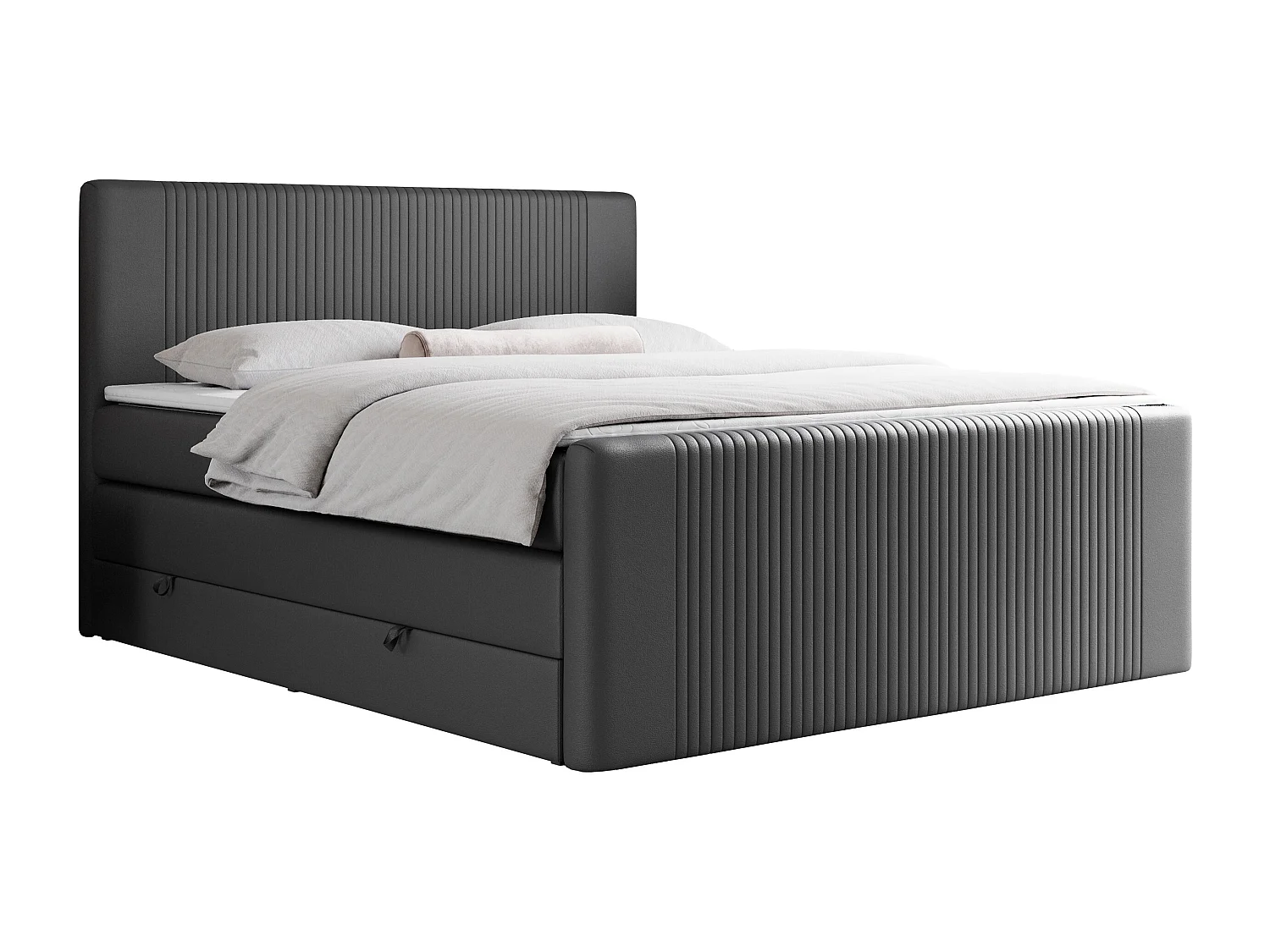 Boxspringbett DOREN KING - mit gesteppter Front und Kopfteil, zwei Multipocket-Matratzen und Topper, Doppelbett - 120x200 cm - H4 - Dunkelgrau Kunstleder