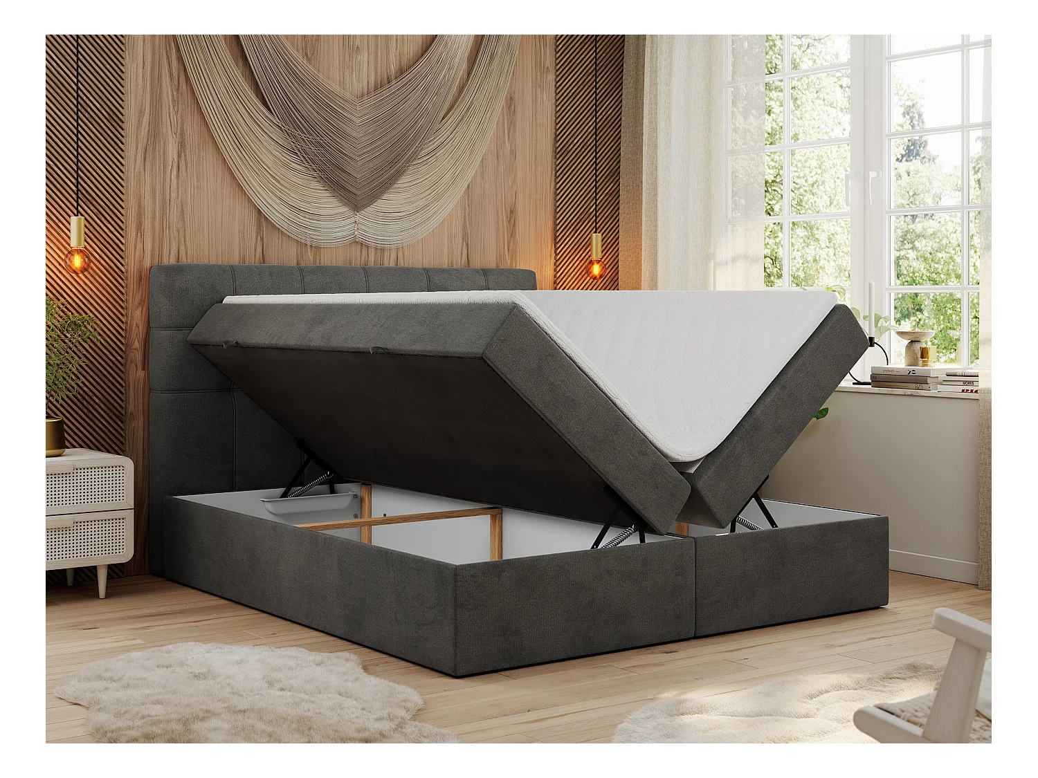 Boxspringbett ERNI - mit gestepptem Kopfteil, Polsterbett, Multipocket-Matratze und Topper, Bettkästen - 160x200 cm - H4 - Dunkelgrau Velvet