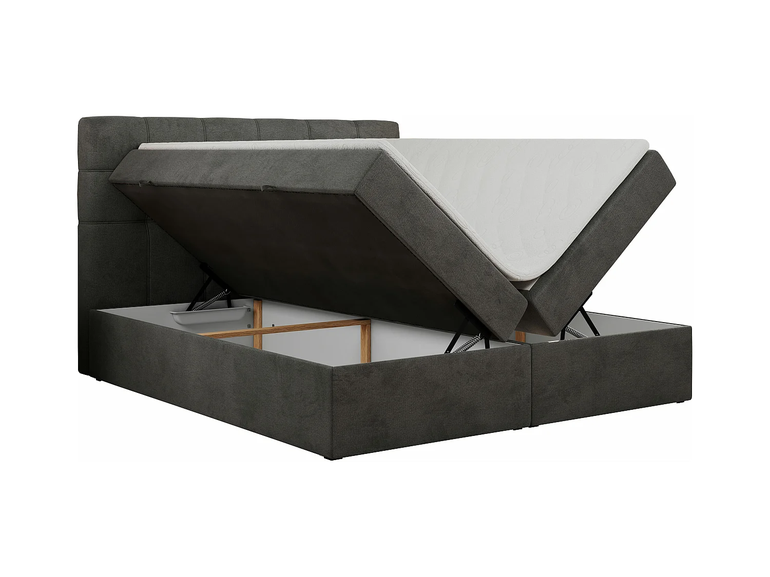 Boxspringbett ERNI - mit gestepptem Kopfteil, Polsterbett, Multipocket-Matratze und Topper, Bettkästen - 160x200 cm - H4 - Dunkelgrau Velvet