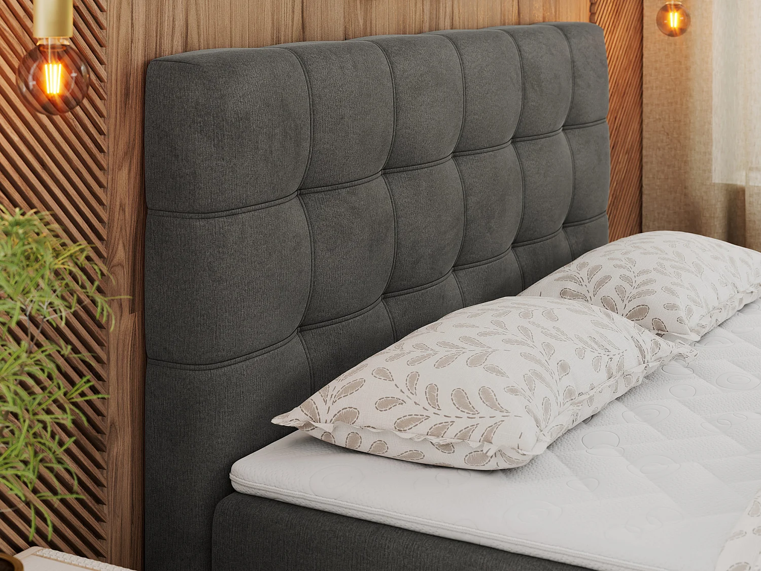 Boxspringbett ERNI - mit gestepptem Kopfteil, Polsterbett, Multipocket-Matratze und Topper, Bettkästen - 160x200 cm - H4 - Dunkelgrau Velvet
