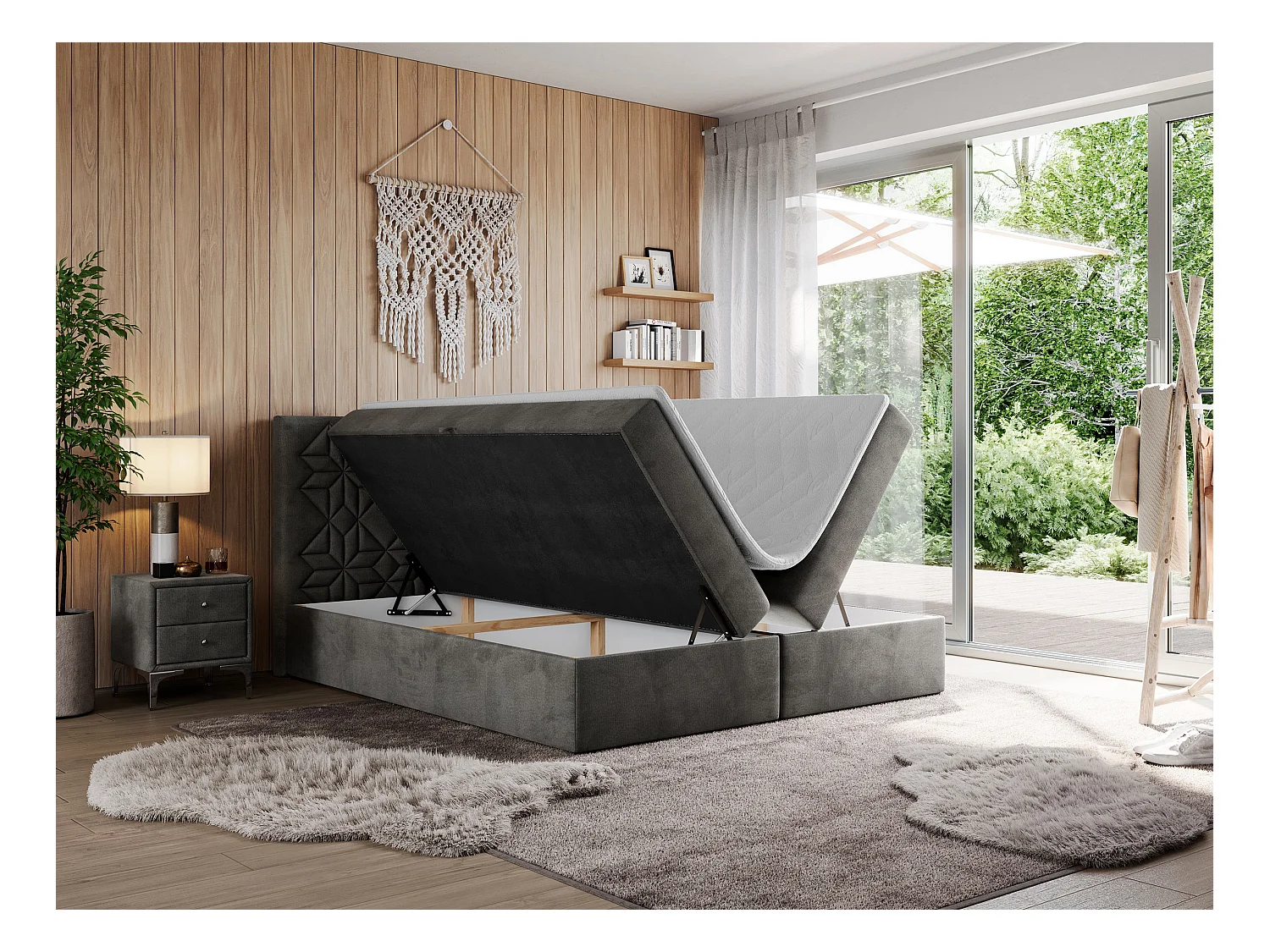 Boxspringbett LEILA - gestepptes Kopfteil,  7 Härtezonen Multipocket-Matratzen, Doppelbett mit Bettkästen - 140x200 cm - H3 - Dunkelgrau Velvet