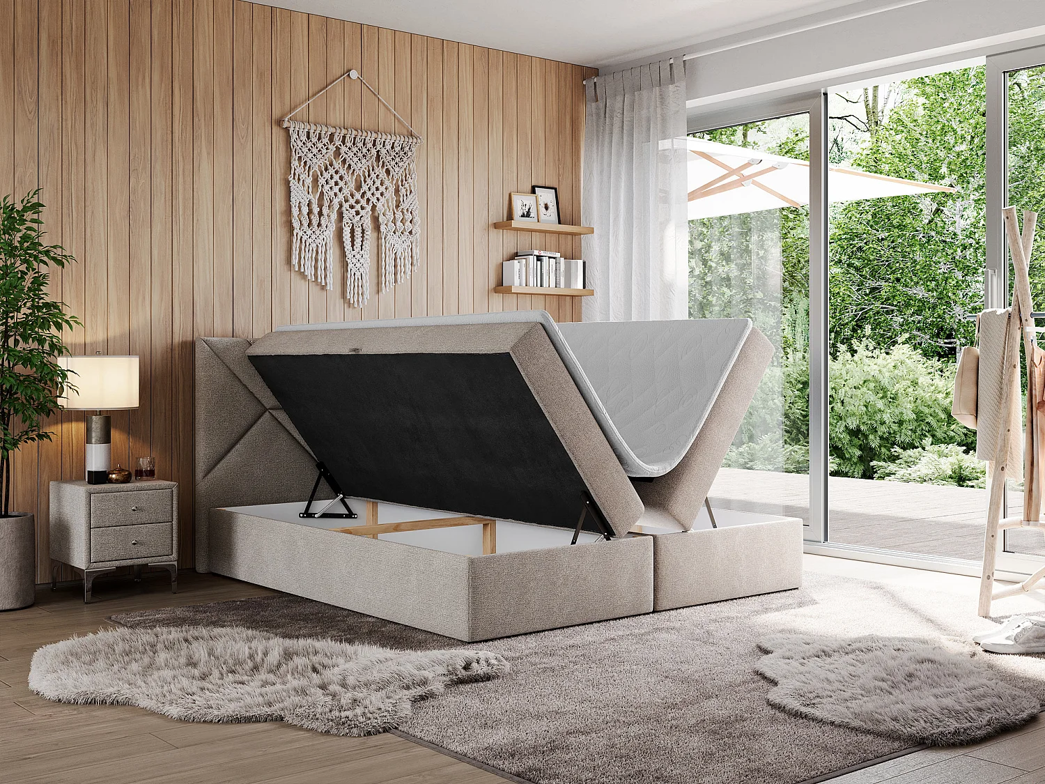 Boxspringbett NEOMI - dekorativem Kopfteil, Polsterbett mit Multipocket-Matratzen, zwei Bettkästen - 140x200 cm - H3 - Hellgrau Strukture