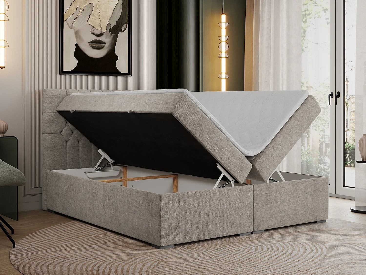 Boxspringbett PERA - gesteppte Kopfstütze, Multipocket-Matratze und Topper, Doppelbett mit Stauraum - 120x200 cm - H3 - Beige Strukture