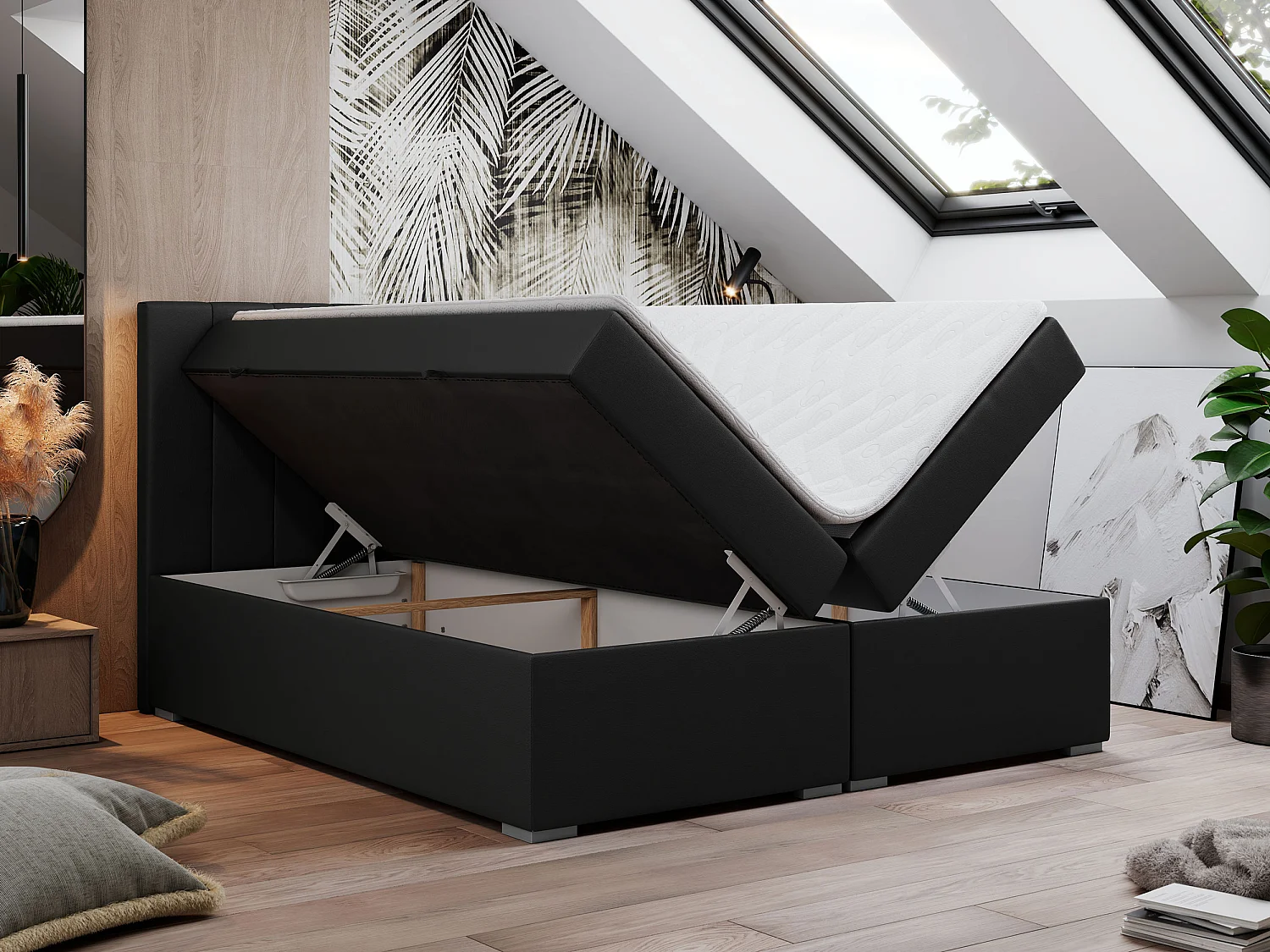 Boxspringbett LOPE - genähtes Kopfteil, Doppelbett mit Stauraum, Multipocket-Matratze, Topper - 140x200 cm - H3 - Schwarz Kunstleder