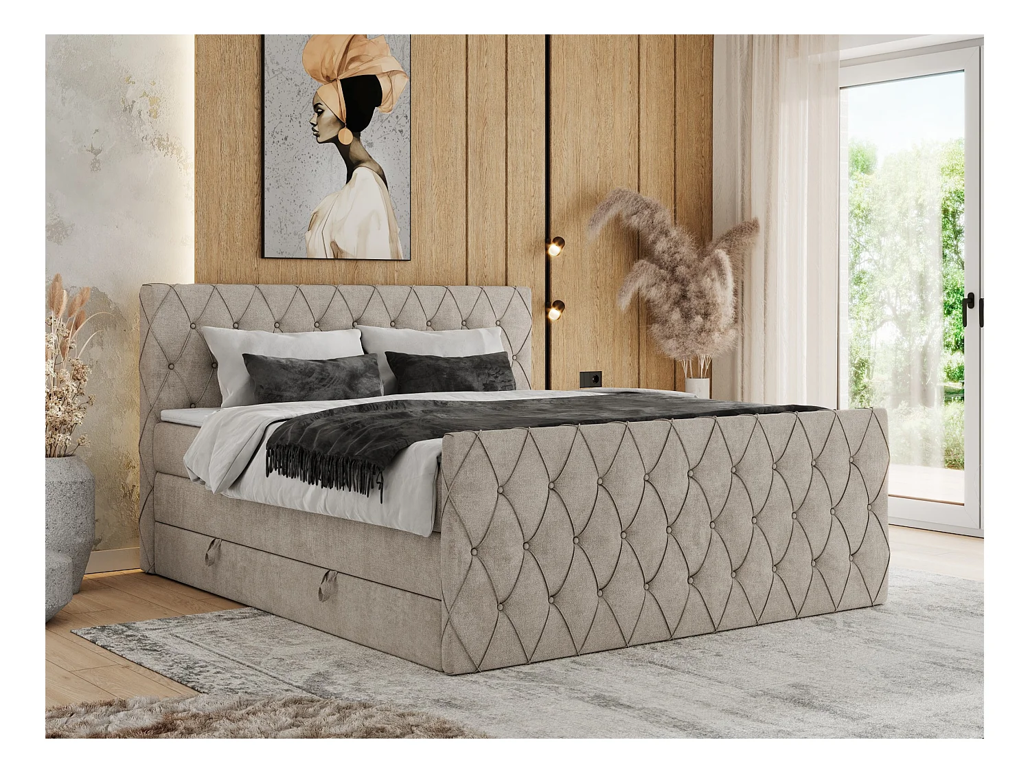 Boxspringbett MIREN KING DUO - für Schlafzimmer mit zwei Multipocket-Matratzen und Topper, gestepptes Kopfteil und Front  - 200x200 cm - H4 - Beige Strukture