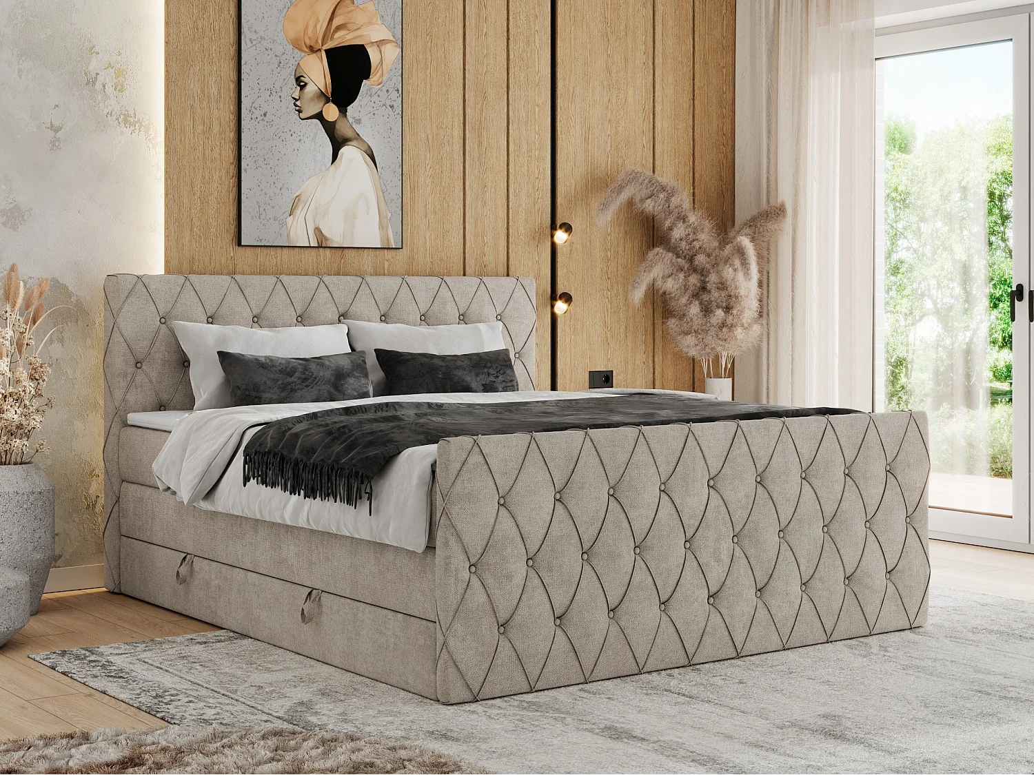 Boxspringbett MIREN KING DUO - für Schlafzimmer mit zwei Multipocket-Matratzen und Topper, gestepptes Kopfteil und Front  - 200x200 cm - H4 - Beige Strukture