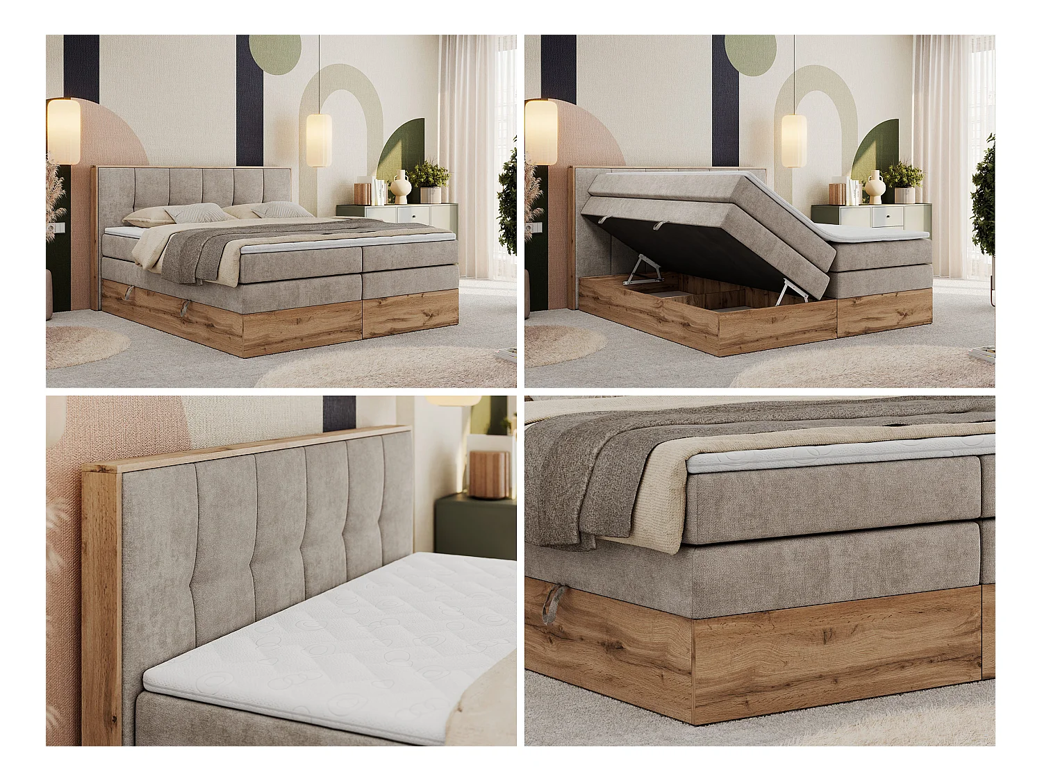Boxspringbett ALBERO 1 KING - zwei 7 Härtezonen Multipocket-Matratzen, Doppelbett mit Stauraum, Eiche Wotan Holzrahmen - 120x200 cm - H4 - Beige Strukture
