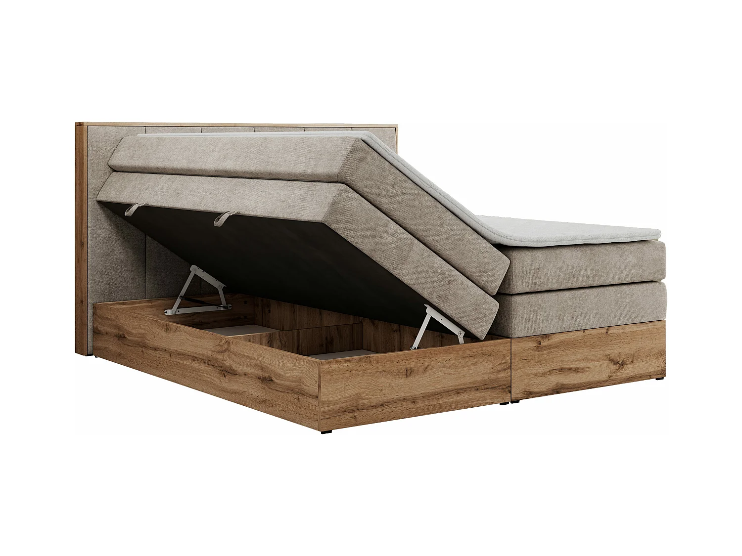 Boxspringbett ALBERO 1 KING - zwei 7 Härtezonen Multipocket-Matratzen, Doppelbett mit Stauraum, Eiche Wotan Holzrahmen - 120x200 cm - H4 - Beige Strukture