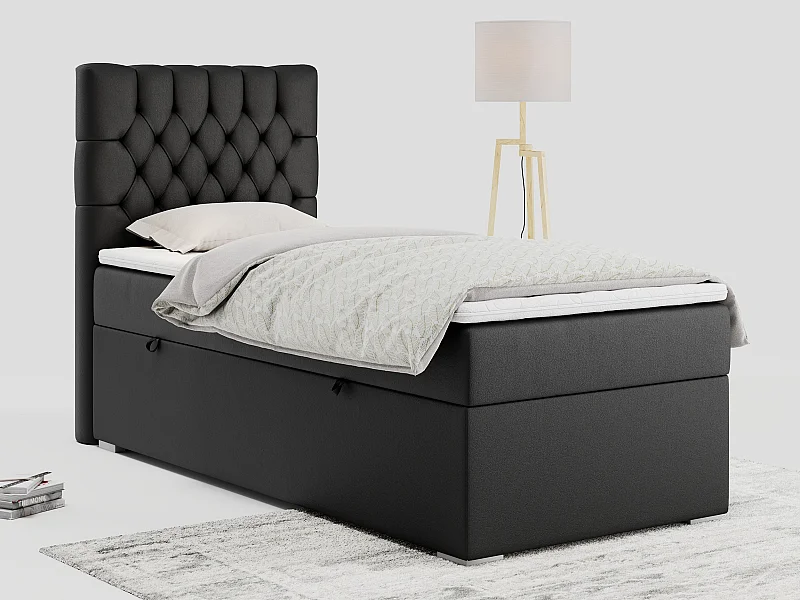 Boxspringbett PERA - Einzelbett mit Kopfstütze, Polsterbett, Multipocket-Matratze, genähtes Kopfteil - 90x200 cm - H3 - Schwarz Kunstleder - Links Seite