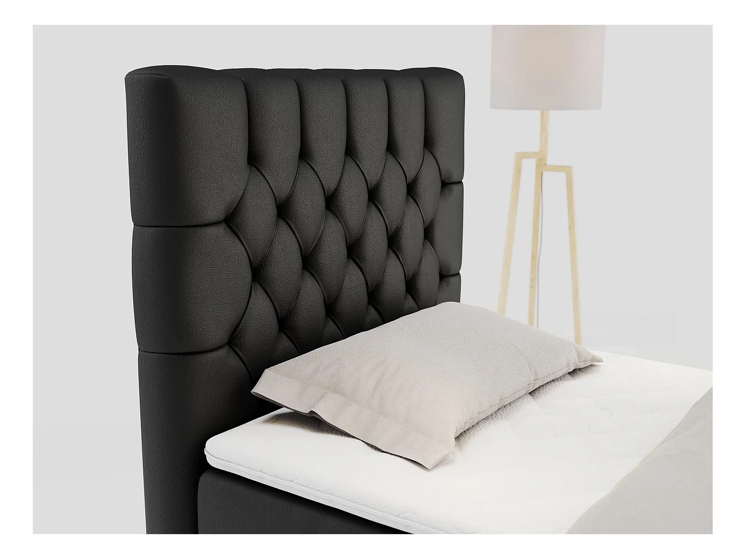 Boxspringbett PERA - Einzelbett mit Kopfstütze, Polsterbett, Multipocket-Matratze, genähtes Kopfteil - 90x200 cm - H3 - Schwarz Kunstleder - Links Seite