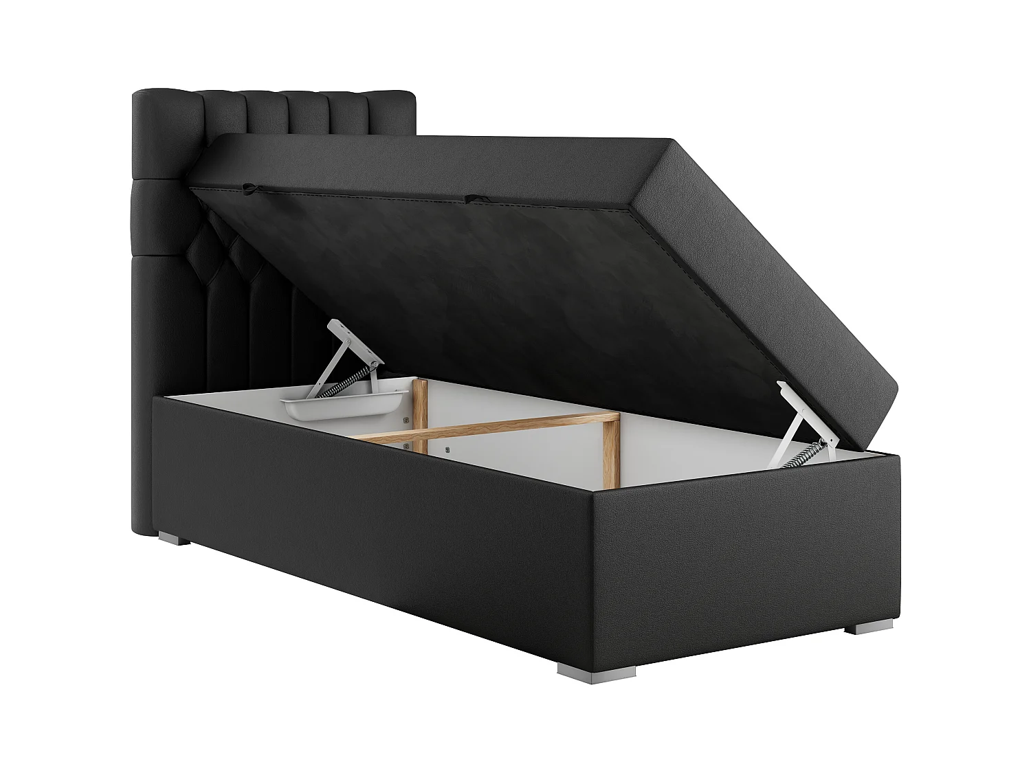 Boxspringbett PERA - Einzelbett mit Kopfstütze, Polsterbett, Multipocket-Matratze, genähtes Kopfteil - 90x200 cm - H3 - Schwarz Kunstleder - Links Seite